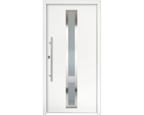 Porte d'entrée blanche avec découpe vitrée verticale, cadre en acier inoxydable et longue poignée barre.