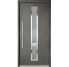 Porte d entrée grise avec vitrage vertical et longue poignée en acier inoxydable.