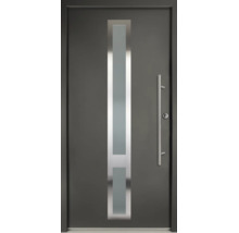 Porte d'entrée moderne anthracite avec découpe vitrée verticale et poignée barre en acier inoxydable.
