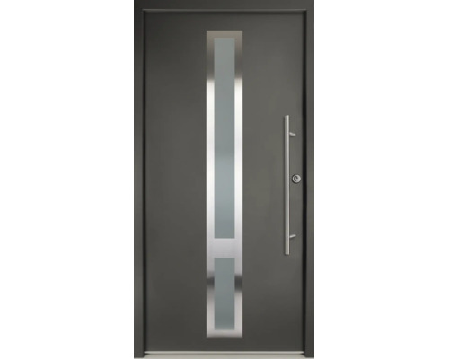 Porte d'entrée moderne anthracite avec découpe vitrée verticale et poignée barre en acier inoxydable.