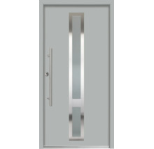 Moderne Haustür in Grau mit langem vertikalem Glasausschnitt, Edelstahl-Stangengriff und glatter Oberfläche.
