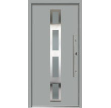 Moderne Haustür in Grau mit vier rechteckigen Glaseinsätzen, Edelstahl-Stoßgriff und Edelstahl-Applikationen.