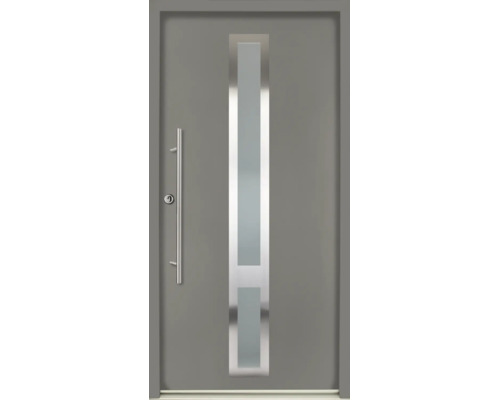 Porte d'entrée grise avec insert vitré vertical, cadre en acier inoxydable et longue poignée barre.