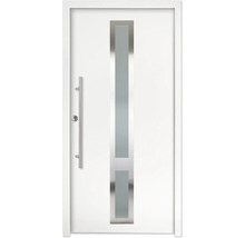 Porte d'entrée moderne blanche avec vitrage vertical, longue poignée en acier inoxydable et cadre assorti.
