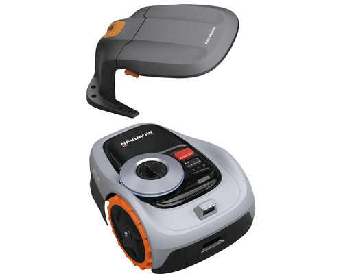 Robot tondeuse Segway Navimow avec capot de protection pour station de charge.