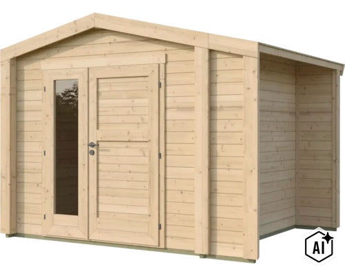 Abri de jardin en bois avec toit à deux pans et appentis latéral ainsi qu une porte double avec insert en verre. (Image AI modified or generated)