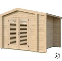 Abri de jardin en bois avec double porte et auvent latéral intégré (Image AI modified or generated)