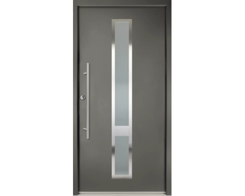Graue Haustür mit vertikalem Lichtausschnitt aus Glas und Stangengriff aus Edelstahl.