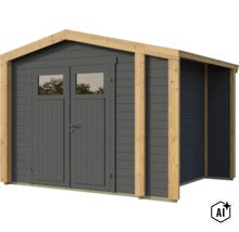 Abri de jardin moderne en bois avec double porte et fenêtres, construction en madriers avec cadre contrasté. (Image AI modified or generated)