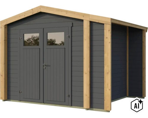 Abri de jardin moderne en bois avec double porte et fenêtres, construction en madriers avec cadre contrasté. (Image AI modified or generated)