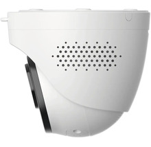 Caméra de surveillance de type turret blanche vue de côté avec objectif et ouvertures pour haut-parleur.