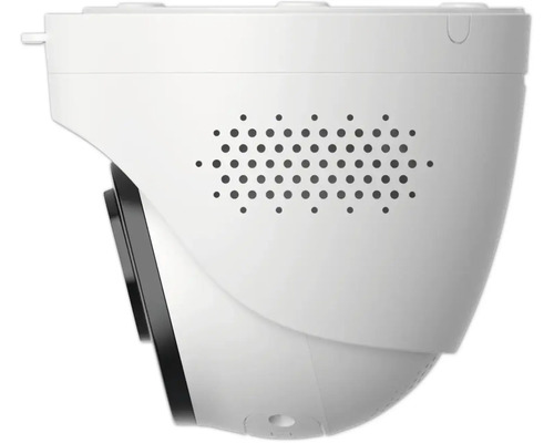 Caméra de surveillance de type turret blanche vue de côté avec objectif et ouvertures pour haut-parleur.