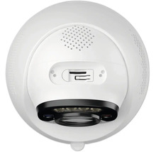 Caméra de surveillance blanche de forme sphérique avec haut-parleur intégré et fente pour carte mémoire.