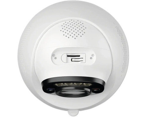 Caméra de surveillance blanche de forme sphérique avec haut-parleur intégré et fente pour carte mémoire.