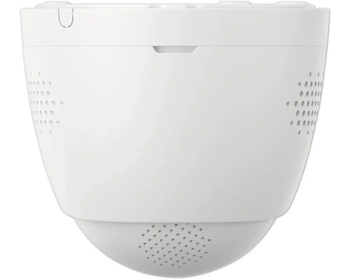 Détecteur de fumée blanc de forme ronde avec perforations latérales.