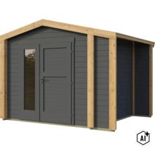 Abri de jardin en bois avec double porte vitrée et appentis latéral pour un espace de rangement supplémentaire. (Image AI modified or generated)
