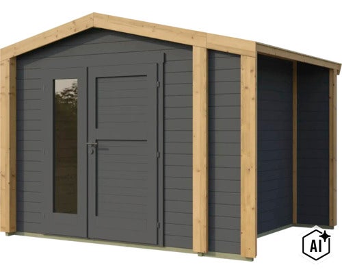 Abri de jardin en bois avec double porte vitrée et appentis latéral pour un espace de rangement supplémentaire. (Image AI modified or generated)