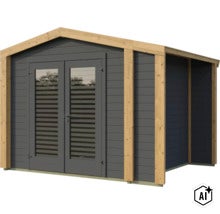 Abri de jardin en bois avec porte double et annexe latérale avec revêtement de façade moderne. (Image AI modified or generated)