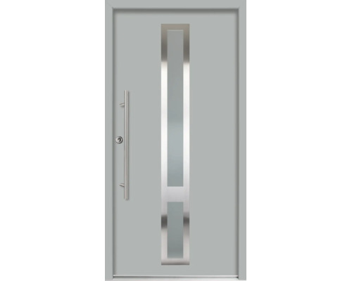 Moderne Haustür in Grau mit langem vertikalem Glasausschnitt, Edelstahl-Stangengriff und glatter Oberfläche.