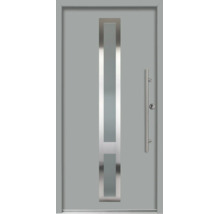 Graue Haustür aus Aluminium mit vertikalem Glasausschnitt und Stangengriff aus Edelstahl.