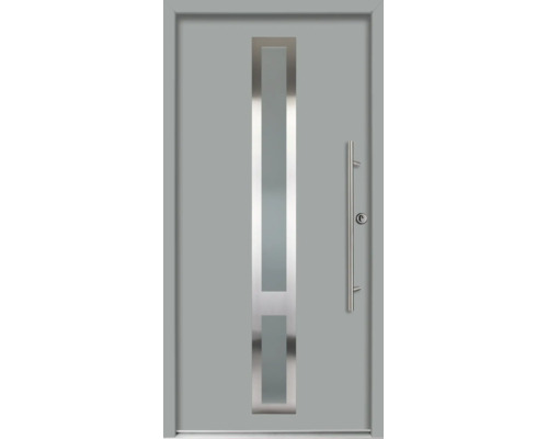 Graue Haustür aus Aluminium mit vertikalem Glasausschnitt und Stangengriff aus Edelstahl.