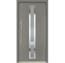 Graue Haustür mit vertikalem Lichtausschnitt, Edelstahlrahmen und langem Stangenhandgriff.