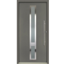 Porte d'entrée moderne en anthracite avec découpe vitrée verticale, décor en acier inoxydable et longue poignée barre.