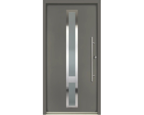 Porte d'entrée moderne en anthracite avec découpe vitrée verticale, décor en acier inoxydable et longue poignée barre.