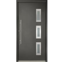 Porte d'entrée anthracite avec trois ouvertures vitrées rectangulaires et une longue poignée verticale en acier inoxydable.
