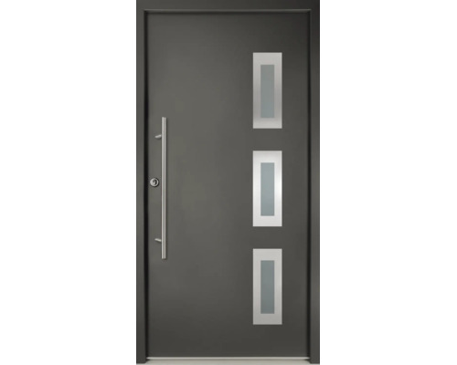 Porte d'entrée anthracite avec trois ouvertures vitrées rectangulaires et une longue poignée verticale en acier inoxydable.