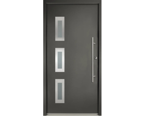 Porte d'entrée moderne en anthracite avec trois ouvertures lumineuses rectangulaires et une poignée de tirage verticale en acier inoxydable.