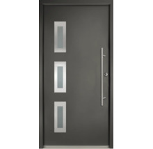 Porte d'entrée moderne en anthracite avec trois ouvertures lumineuses rectangulaires et une poignée de tirage verticale en acier inoxydable.