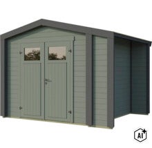 Abri de jardin en bois avec double porte et fenêtres au design moderne pour le jardin (Image AI modified or generated)
