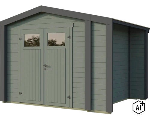 Abri de jardin en bois avec double porte et fenêtres au design moderne pour le jardin (Image AI modified or generated)