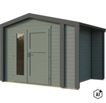 Abri de jardin moderne en bois avec toit à deux pans, double porte et insert en verre, utilisable comme abri de jardin ou cabane. (Image AI modified or generated)