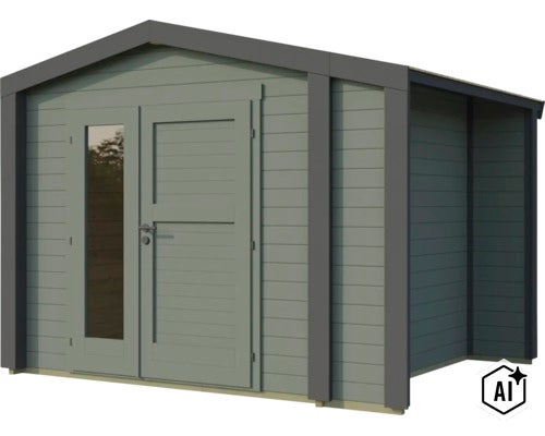 Abri de jardin moderne en bois avec toit à deux pans, double porte et insert en verre, utilisable comme abri de jardin ou cabane. (Image AI modified or generated)