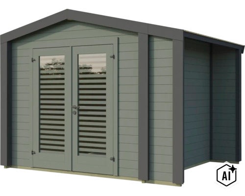 Abri de jardin en bois avec porte double et grandes vitres, design moderne avec toit en pente, idéal comme abri à outils ou pavillon de jardin. (Image AI modified or generated)