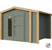 Abri de jardin moderne en bois avec toit à deux pans et double porte vitrée (Image AI modified or generated)