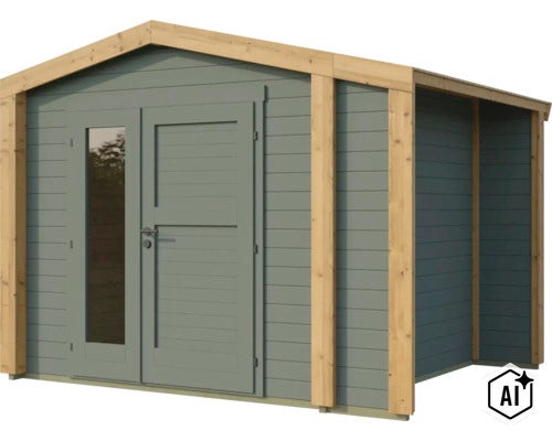 Abri de jardin moderne en bois avec toit à deux pans et double porte vitrée (Image AI modified or generated)