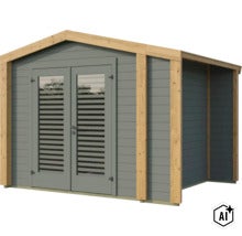 Abri de jardin moderne en bois avec double porte et auvent latéral intégré (Image AI modified or generated)