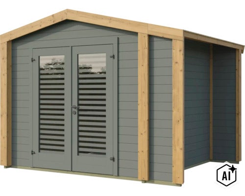 Abri de jardin moderne en bois avec double porte et auvent latéral intégré (Image AI modified or generated)