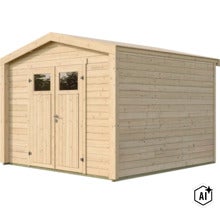 Abri de jardin en bois avec toit à deux pans et double porte avec fenêtres (Image AI modified or generated)