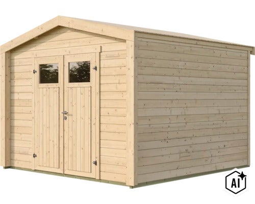 Abri de jardin en bois avec toit à deux pans et double porte avec fenêtres (Image AI modified or generated)
