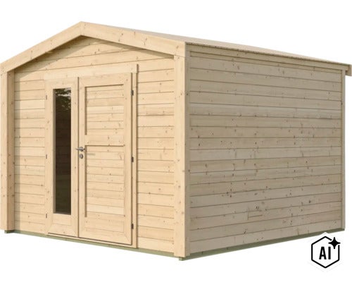 Abri de jardin en bois avec toit à deux pans et double porte avec insert en verre (Image AI modified or generated)