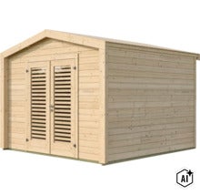 Abri de jardin en bois avec porte double et fenêtres à persiennes pour extérieur (Image AI modified or generated)