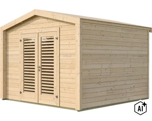 Abri de jardin en bois avec porte double et fenêtres à persiennes pour extérieur (Image AI modified or generated)