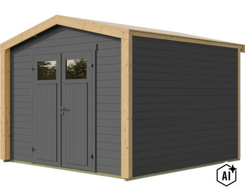 Abri de jardin moderne en bois avec double porte, fenêtres et toit à double pente, idéal pour le stockage extérieur. (Image AI modified or generated)