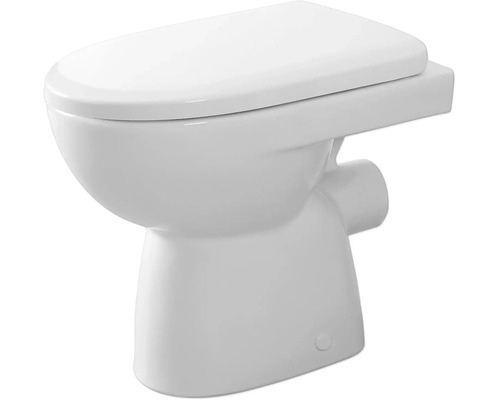 Bodenstehende Toilette aus weißer Keramik mit Toilettensitz und waagerechtem Abgang.