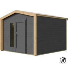 Abri de jardin moderne en bois avec toit à deux pans et double porte vitrée. (Image AI modified or generated)