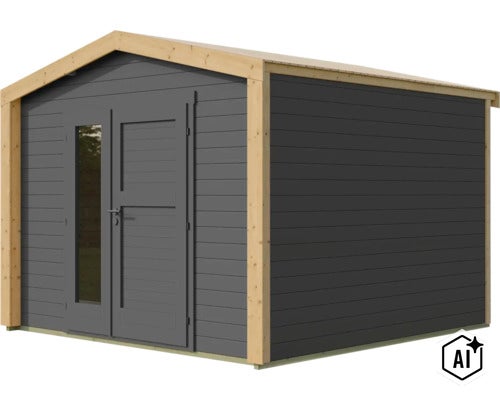 Abri de jardin moderne en bois avec toit à deux pans et double porte vitrée. (Image AI modified or generated)
